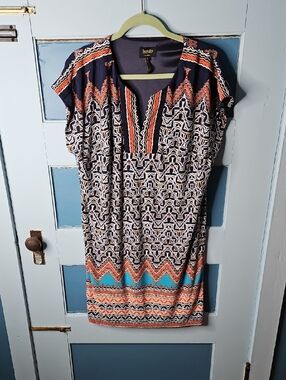 Laundry by Shelli Segal Navy Orange Turquoise Geometric Midi Dress Large